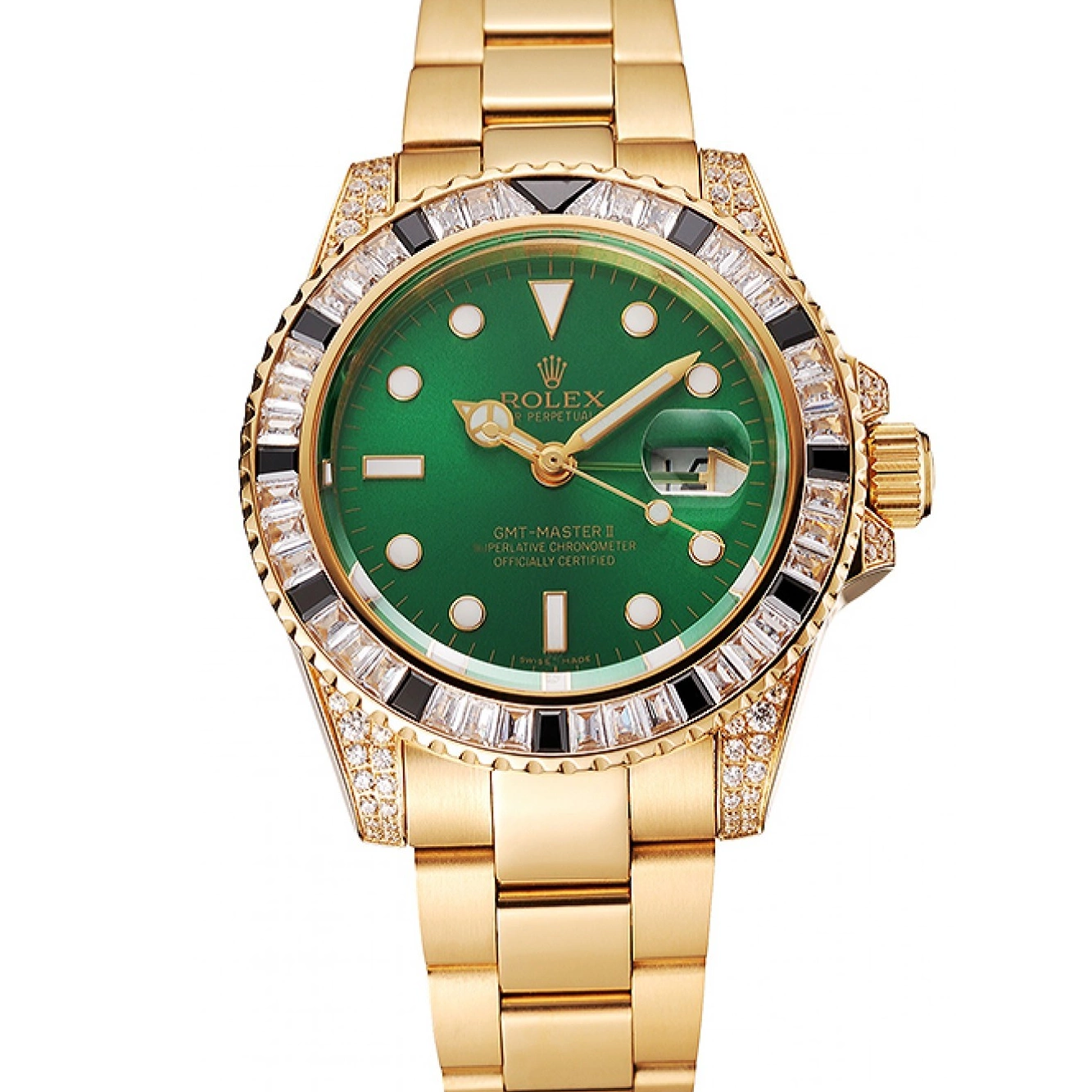 Aaa replica watch Case Set Master Bracelet And II GMT Bezel Stone Dial Gold Swiss 1453748 Rolex Green 0722